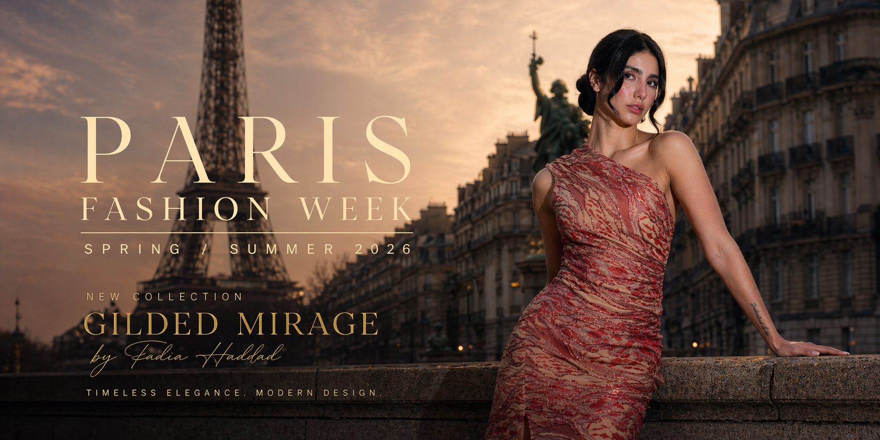 Woman in a red dress standing in front of the Eiffel Tower with 'Paris Fashion Week' text overlay.